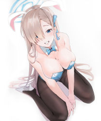 Rule 34 | 1girl, animal ears, asuna (blue archive), asuna (bunny) (blue archive), bare arms, between legs, black pantyhose, blonde hair, blue archive, blue bow, blue bowtie, blue eyes, blue leotard, blue ribbon, bow, bowtie, breasts, cleavage, detached collar, fake animal ears, from above, grin, hair between eyes, hair ribbon, hairband, halo, hand between legs, high heels, highres, large breasts, leotard, long hair, looking at viewer, mole, mole on breast, pantyhose, playboy bunny, pumps, rabbit ears, ribbon, simple background, sitting, smile, solo, strapless, strapless leotard, very long hair, viewran, wariza, white background, white footwear, white hairband