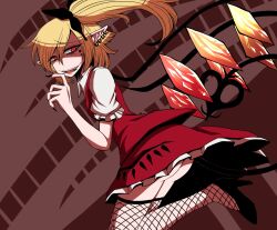 Rule 34 | 1girl, ass, bags under eyes, black bow, black footwear, black nails, blonde hair, bow, brown background, collared shirt, commentary request, crystal, earrings, fingernails, fishnet thighhighs, fishnets, flandre scarlet, frilled skirt, frilled sleeves, frills, full body, hair between eyes, hair bow, high heels, highres, jewelry, jumping, kuri dora, laevatein (tail), long bangs, long hair, looking at viewer, multiple earrings, no headwear, one side up, open mouth, pointy ears, red eyes, red skirt, red vest, shaded face, sharp fingernails, shirt, skirt, skirt set, slit pupils, smile, solo, tail, thighhighs, touhou, underbutt, vest, white shirt, wings