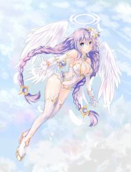 Rule 34 | 1girl, bare shoulders, blue eyes, boots, braid, breasts, cleavage, cloud, cloudy sky, feathered wings, flower, four goddesses online: cyber dimension neptune, full body, gloves, gold trim, hair flower, hair ornament, halo, highres, jewelry, kazuneko (wktk1024), large breasts, leotard, looking at viewer, neptune (neptunia), neptune (series), power symbol, power symbol-shaped pupils, purple hair, purple heart (neptunia), reaching, reaching towards viewer, sky, smile, solo, symbol-shaped pupils, thigh boots, thighhighs, twin braids, twintails, white gloves, white leotard, white thighhighs, wings