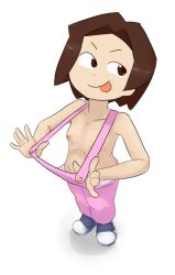 Rule 34 | 1girl, amazake arika, bare shoulders, brown eyes, brown hair, closed mouth, collarbone, female focus, flashing, flat chest, full body, looking to the side, maximumpingas, medarot, naked overalls, nipples, overalls, pink overalls, presenting, pulled by self, shoes, short hair, sideways glance, simple background, smile, solo, strap pull, tongue, tongue out, white background
