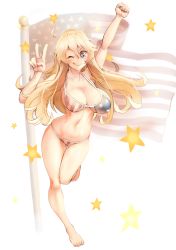 Rule 34 | 10s, 1girl, ;q, ahoge, american flag, american flag bikini, arm up, barefoot, bikini, blonde hair, blue eyes, blush, breasts, clenched hand, cyzir visheen, flag, flag print, highres, iowa (kancolle), kantai collection, large breasts, long hair, looking at viewer, navel, one eye closed, solo, star-shaped pupils, star (symbol), swimsuit, symbol-shaped pupils, thigh gap, tongue, tongue out, v