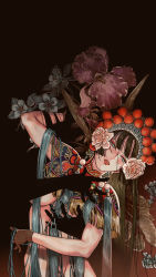 Rule 34 | 1girl, arm up, black hair, blue eyes, grabbing another&#039;s breast, breasts, chinese clothes, detached collar, disembodied limb, eyeshadow, flower, gloves, grabbing, hair strand, headdress, hime cut, leaf, lips, long hair, makeup, navel, nude, original, parted lips, peking opera, peony (flower), qt1 jo, solo, tassel
