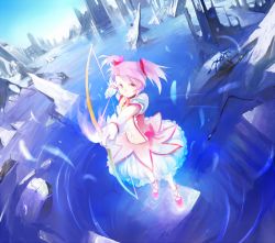 Rule 34 | 10s, 1girl, arrow (projectile), blue sky, bow, bow (weapon), bubble skirt, choker, day, drawing bow, dress, gloves, glowing, glowing weapon, hair bow, holding, holding bow (weapon), holding weapon, jewelry, kaname madoka, kyokucho, looking at viewer, magical girl, mahou shoujo madoka magica, mahou shoujo madoka magica (anime), panties, partially submerged, pendant, petticoat, pink dress, pink eyes, pink hair, pink skirt, puffy sleeves, ruins, short hair, short sleeves, short twintails, skirt, sky, solo, twintails, underskirt, underwear, water, weapon, white gloves
