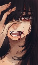 Rule 34 | 1girl, black hair, blood, blood on face, fangs, grey eyes, hair over one eye, hand over eye, hand up, highres, hoshi san 3, long hair, looking at viewer, nude, one eye covered, open mouth, original, portrait, solo, sweat