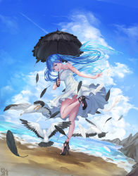 Rule 34 | 1girl, :d, absurdres, beach, bird, black feathers, black footwear, black umbrella, blue eyes, blue hair, blue sky, bow, cloud, day, dress, feathers, floating hair, full body, hatsune miku, high heels, highres, holding, holding umbrella, layered dress, leg up, long hair, looking at viewer, looking back, open mouth, outdoors, pumps, sandals, shoe soles, short dress, sky, sleeveless, sleeveless dress, smile, solo, standing, standing on one leg, strapless, strapless dress, sundress, umbrella, user xefs3474, very long hair, vocaloid, white dress, white feathers