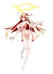 Rule 34 | absurdres, ahoge, alternate costume, bad id, bad pixiv id, blonde hair, blush, breasts, cameltoe, cleavage cutout, cleft of venus, clothing cutout, spiked halo, contrapposto, covered erect nipples, fingerless gloves, full body, gloves, gluteal fold, guilty gear, guilty gear xrd, halo, halterneck, highres, jack-o&#039; valentine, large breasts, leg up, long hair, looking at viewer, multicolored hair, navel, nipples, outstretched arms, pink eyes, red hair, red ribbon, ribbon, see-through, sideboob, smile, solo, swimsuit, teddyellow, thighhighs, two-tone hair, wide hips
