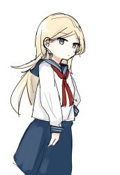 Rule 34 | 1girl, blonde hair, blue sailor collar, blue skirt, commentary, doroni max, grey eyes, highres, long hair, looking afar, neck ribbon, original, red ribbon, ribbon, sailor collar, school uniform, serafuku, simple background, sketch, skirt, solo, standing, white background