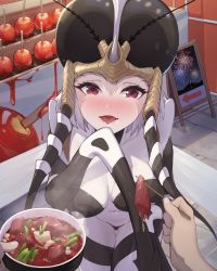Rule 34 | 1girl, blush, bowl, candy apple, feeding, food, highres, monster girl, mosquito musume, nox13, one-punch man, red eyes, skewer, solo focus, tongue, tongue out