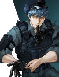 Rule 34 | 1boy, adjusting clothes, adjusting gloves, alternate costume, aqua background, aqua pants, aqua shirt, arm guards, black gloves, blue hair, collared shirt, cowboy shot, donkey fgo, fate/grand order, fate (series), glove in mouth, gloves, hat, highres, korean commentary, load bearing vest, male focus, mixed-language commentary, mouth hold, open collar, pants, police, police hat, police uniform, saitou hajime (fate), shirt, short hair, sideways glance, single glove, sleeves rolled up, solo, two-tone background, uniform, walkie-talkie, white background, yellow eyes