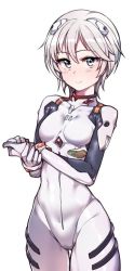 Rule 34 | 10s, 1girl, anastasia (idolmaster), ayanami rei, ayanami rei (cosplay), blue eyes, blush, bodysuit, bracelet, bracer, breasts, clenched hand, closed mouth, cosplay, covered navel, cowboy shot, gloves, hair between eyes, hair ornament, headgear, hip focus, holding own arm, idolmaster, idolmaster cinderella girls, interface headset, jewelry, jp06, looking at viewer, neon genesis evangelion, parted bangs, pilot suit, plugsuit, short hair, silver hair, simple background, skin tight, small breasts, smile, solo, standing, thigh gap, tsurime, turtleneck, white background