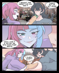 Rule 34 | 2girls, :3, aqua eyes, artist name, black eyes, black hair, blue hair, breasts, brown hairband, butter sugoi, carrot, collaboration, colored skin, comic, commentary, english text, frown, hairband, heterochromia, highres, holding, holding carrot, izfan art, large breasts, multicolored hair, multiple girls, open mouth, original, photo background, ponytail, purple eyes, red hair, smile, sweatdrop, turtleneck, two-tone hair, white skin