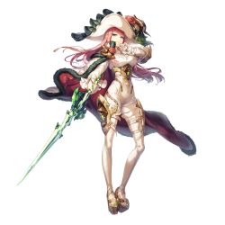 Rule 34 | 1girl, breasts, cape, closed mouth, feet, floating hair, flower, full body, fur trim, gloves, groin, hand up, hat, high heels, highres, holding, holding sword, holding weapon, legs, legs apart, long hair, looking at viewer, medium breasts, purple eyes, red hair, rose, skin tight, smile, solo, standing, sword, thighs, transparent background, unitia, weapon, white gloves