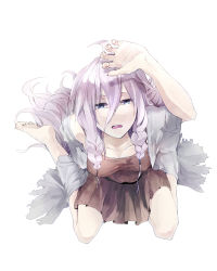 Rule 34 | 1girl, ahoge, bare shoulders, barefoot, blue eyes, braid, from above, full body, ia (vocaloid), kuroman, long hair, looking at viewer, looking up, open mouth, pink hair, simple background, solo, torn clothes, twin braids, very long hair, vocaloid, waiting, white background