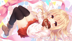 Rule 34 | 1girl, :d, black thighhighs, blonde hair, blush, bow, chocolate, heart, lew, long hair, open mouth, original, petticoat, pleated skirt, skirt, smile, solo, thighhighs, valentine, very long hair, yellow eyes, zettai ryouiki