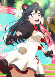 Rule 34 | 1girl, absurdres, animal ears, black hair, black mittens, blush, breasts, bubble, commentary request, dress, exciting animal (love live!), fake animal ears, grey eyes, highres, long hair, looking at viewer, love live!, love live! nijigasaki high school idol club, medium breasts, mittens, open mouth, panda ears, panda tail, short sleeves, sidelocks, signature, smile, solo, stage, umnh-o, upper body, white dress, yuuki setsuna (love live!)