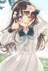 Rule 34 | 1girl, ;d, absurdres, arm up, beret, black hat, blue bow, blue eyes, blue nails, blurry, blurry background, blush, bow, brown hair, collared dress, commentary request, day, depth of field, dress, frilled dress, frills, hair bow, hand up, hat, highres, long sleeves, looking at viewer, nail polish, one eye closed, open mouth, original, outdoors, pleated dress, puffy long sleeves, puffy sleeves, sakura oriko, sky, smile, solo, white dress