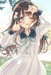 1girl ;d absurdres arm_up beret black_hat blue_bow blue_eyes blue_nails blurry blurry_background blush bow brown_hair collared_dress commentary_request day depth_of_field dress frilled_dress frills hair_bow hand_up hat highres long_sleeves looking_at_viewer nail_polish one_eye_closed open_mouth original outdoors pleated_dress puffy_long_sleeves puffy_sleeves sakura_oriko sky smile solo white_dress