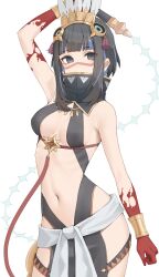 Rule 34 | 1girl, absurdres, bare shoulders, black hair, blue hair, blunt bangs, blush, bracer, breasts, detached collar, eyeliner, facepaint, facial mark, fate/grand order, fate (series), feathers, gold trim, grey eyes, halterneck, headdress, high collar, highres, jewelry, kopaka (karda nui), looking at viewer, makeup, multicolored hair, navel, necklace, parted lips, pelvic curtain, sash, short hair, sidelocks, simple background, small breasts, solo, stomach, streaked hair, tassel, tenochtitlan (fate), tenochtitlan (first ascension) (fate), thighs, whip, white background