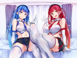 Rule 34 | 2girls, bare shoulders, black panties, black skirt, blue eyes, blue hair, blue ribbon, blunt bangs, breasts, closed mouth, collared shirt, cosplay, crop top, cuffs, elbow gloves, gloves, gluteal fold, gradient hair, hand up, handcuffs, hat, indoors, irohara, knee up, large breasts, long hair, looking at viewer, medium breasts, midriff, miniskirt, multicolored hair, multiple girls, navel, necktie, on bed, open mouth, original, panties, red eyes, red hair, ribbon, shirt, short necktie, sitting, skindentation, skirt, sleeveless, sleeveless shirt, smile, stomach, thighhighs, thighs, underwear, very long hair, white gloves, white hat, white shirt, white thighhighs