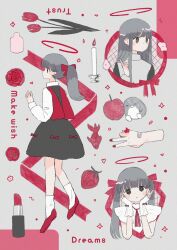 Rule 34 | 1girl, apple, bird, black dress, blush, candle, candlestand, closed mouth, commentary, dot mouth, dot nose, dress, english text, fish, flower, food, fruit, grey background, grey eyes, grey hair, highres, kimura ansai, lipstick, long hair, makeup, multiple views, nail polish, original, penguin, ponytail, red flower, red nails, red theme, rose, strawberry