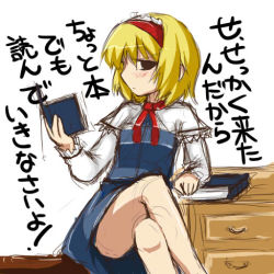 Rule 34 | 1girl, alice margatroid, annoyed, bare legs, black eyes, blonde hair, blush, book, crossed legs, female focus, hairband, indoors, looking at viewer, morino harifu, open book, reading, short hair, sitting, sketch, solo, touhou, translated, white background
