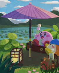 Rule 34 | bandana, bandana waddle dee, blue bandana, blue eyes, blue sky, blush, blush stickers, box, closed eyes, cloud, commentary request, dango, day, drooling, food, grass, highres, holding, holding food, kirby, kirby (series), lantern, lily pad, miclot, mountain, nintendo, no humans, oil-paper umbrella, open mouth, outdoors, petals, pink umbrella, plant, pond, red footwear, sanshoku dango, shoes, sky, umbrella, wagashi, water, yellow footwear