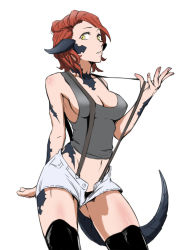 Rule 34 | 10s, 1girl, au ra, breasts, brown hair, cleavage, dragon girl, dragon horns, dragon tail, final fantasy, final fantasy xiv, highres, horns, imdsound, scales, short hair, shorts, solo, suspenders, tail, tank top, thighhighs, unbuttoned, yellow eyes