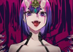 Rule 34 | 1girl, bare shoulders, blood, bob cut, collarbone, eyelashes, fangs, fate/grand order, fate (series), headpiece, highres, horns, looking at viewer, nail polish, oni, open mouth, purple eyes, purple hair, san (harutuki 3), short eyebrows, short hair, shuten douji (fate), skin-covered horns, smile, solo