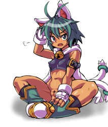 Rule 34 | ahoge, animal ears, arm belt, bell, beryl (shinrabanshou), boots, bottomless, breasts, cape, cat ears, cat tail, censored, cleft of venus, clitoris, clothes, covered erect nipples, fang, feet together, gloves, green eyes, green hair, hand on head, head scratch, kanriken, multiple tails, navel, nipples, no bra, no panties, open mouth, pussy, shinrabanshou, sitting, small breasts, spread legs, sweat, tagme, tail, tan, two tails