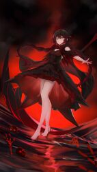 Rule 34 | 1girl, ambiguous red liquid, bare legs, bare shoulders, barefoot, black cape, black dress, black hair, braid, breasts, cape, chinese commentary, cleavage, cleavage cutout, clothing cutout, commentary, cradle (punishing: gray raven), dress, floating, from below, full body, glowing, glowing eyes, highres, holding, holding scythe, holding weapon, huge weapon, looking at viewer, looking down, magic circle, multicolored hair, nail polish, panluo, pleated skirt, punishing: gray raven, red eyes, red hair, red nails, red sky, scythe, shoulder cutout, skirt, sky, small breasts, smile, solo, streaked hair, symbol-shaped pupils, toenail polish, toenails, twin braids, weapon