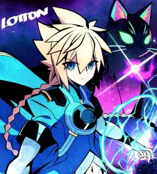 Rule 34 | artist name, azure striker gunvolt, azure striker gunvolt 3, black fur, blonde hair, blue coat, blue eyes, body fur, braid, braided ponytail, cat, coat, commentary, company connection, crossover, electricity, glowing, glowing eyes, gunvolt, highres, kuon (umbraclaw), lololotton, long hair, spiked hair, symbol-only commentary, umbraclaw