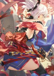 Rule 34 | 1girl, ass, asymmetrical hair, back, blue eyes, blue kimono, breasts, detached sleeves, earrings, fadingz, fate/grand order, fate (series), hair ornament, highres, japanese clothes, jewelry, katana, kimono, large breasts, leaf print, looking at viewer, looking back, miyamoto musashi (fate), miyamoto musashi (second ascension) (fate), obi, pink hair, ponytail, sash, short kimono, sideboob, sleeveless, sleeveless kimono, solo, swept bangs, sword, weapon