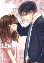 Rule 34 | 1boy, 1girl, belt, black hair, blue neckwear, blush, brown eyes, brown hair, cover, cover page, eye contact, flower, formal, glasses, hand on another&#039;s head, height difference, hetero, highres, izumi (stardustalone), looking at another, necktie, neko ni nante narenaikeredo, official art, profile, short sleeves, simple background, suit