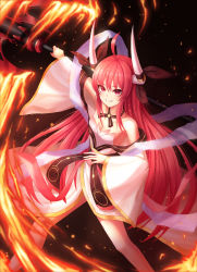 Rule 34 | 1girl, absurdres, axe, bare legs, bare shoulders, battle axe, black ribbon, breasts, cleavage, date a live, fire, hair between eyes, highres, holding, holding axe, horn ornament, horn ribbon, horns, itsuka kotori, japanese clothes, kimono, long hair, looking at viewer, red eyes, red hair, ribbon, ryon y0421, single horn, small breasts, solo, very long hair, weapon, wide sleeves