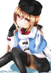 Rule 34 | 1girl, anchor, black bow, black skirt, blush, boots, bow, brown hair, brown pantyhose, closed mouth, fur hat, hair between eyes, hair ornament, hairclip, hat, hazuki hina (cherry cherry), highres, jacket, kantai collection, looking at viewer, miniskirt, pantyhose, papakha, red eyes, red shirt, scarf, shirt, simple background, sitting, skirt, smile, solo, star (symbol), tashkent (kancolle), torn clothes, torn scarf, toy, white background, white jacket, white scarf
