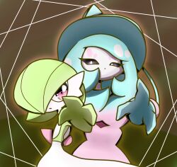 Rule 34 | 2girls, arm up, black sclera, blue hair, blue headwear, bob cut, closed mouth, colored sclera, colored skin, creatures (company), dot mouth, female focus, flat chest, game freak, gardevoir, gen 3 pokemon, gen 8 pokemon, green hair, green skin, hair over one eye, hat, hatterene, highres, long hair, looking at another, looking at viewer, multicolored hair, multicolored skin, multiple girls, nintendo, one eye covered, orange outline, outstretched arm, pink hair, pokemon, pokemon (creature), prehensile hair, reaching, reaching towards viewer, red eyes, short hair, sidelocks, standing, two-tone hair, two-tone skin, upper body, very long hair, white eyes, white skin, witch hat, yuri (fl0werspace)