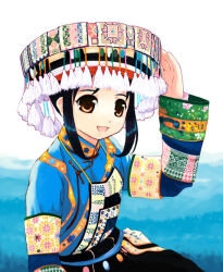 1girl 2000s_(style) apron armband black_hair brown_eyes chinese_clothes embroidery hat ishizaki_yuki long_sleeves mandarin_collar miao_clothes original outdoors pankou patterned_clothing sitting solo tassel yellow_armband