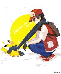 Rule 34 | 2018, :d, artist name, atsumi jun, baseball cap, black gloves, blue pants, blue scarf, brown eyes, brown hair, commentary request, creatures (company), english text, from side, game freak, gen 1 pokemon, gloves, happy new year, hat, jacket, looking down, new year, nintendo, open clothes, open jacket, open mouth, pants, pikachu, pokemon, pokemon (creature), pokemon rgby, profile, red (pokemon), red footwear, scarf, shared clothes, shared scarf, shoes, short sleeves, smile, snow, snowing, sparks, squatting