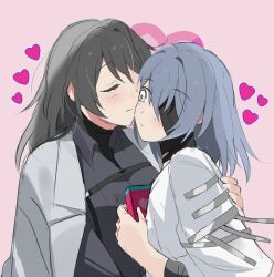 Rule 34 | 2girls, black bandages, black hair, black shirt, blue hair, blush, chest strap, chief (path to nowhere), closed eyes, closed mouth, coat, coat on shoulders, collared shirt, eyepatch, female chief (path to nowhere), grey coat, hand on another&#039;s back, heart, hecate (path to nowhere), highres, holding, kiss, kissing cheek, long hair, multiple girls, path to nowhere, pink background, sappazell, shirt, simple background, upper body, white shirt, yuri