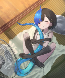 Rule 34 | 1girl, ahoge, ari hinoko, barefoot, black hair, blue hair, claws, closed eyes, crossed ankles, crossed arms, electric fan, fang, fanning self, from above, full body, hair ornament, hairclip, highres, hood, hoodie, hugging own tail, hugging tail, lizard tail, lying, multicolored hair, on back, on floor, open mouth, original, pillow, reptile girl, scales, short hair, sleeveless, sleeveless hoodie, smile, solo, split-color hair, tail, tatami, towel, two-tone hair, wakao ruri