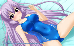 Rule 34 | 1girl, animal ears, blue one-piece swimsuit, blush, calendar, cat ears, collarbone, competition swimsuit, covered navel, highres, impossible clothes, impossible swimsuit, pussy, long hair, lying, on back, one-piece swimsuit, original, purple eyes, purple hair, solo, sugimura tomokazu, swimsuit, wallpaper