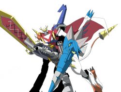 Rule 34 | 1other, digimon, digimon (creature), fusion, hi-visionmonitamon, looking at viewer, mervamon, original, other focus, shoutmon x4k, shoutmon x5b, shoutmon x5s, simple background, solo, white background, wisemon