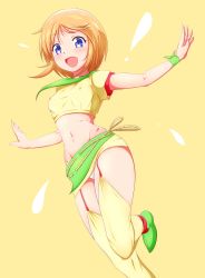 Rule 34 | 1girl, bad id, bad pixiv id, blue eyes, blush, breasts, commentary request, danpu, elpeo puru, covered erect nipples, groin, gundam, gundam zz, highres, looking at viewer, medium breasts, midriff, navel, open mouth, orange hair, panties, short hair, smile, solo, standing, thighhighs, underwear, white panties