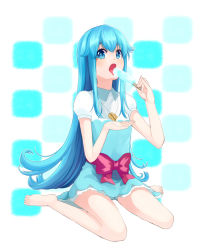 Rule 34 | 10s, 1girl, bad id, bad pixiv id, barefoot, blue eyes, blue hair, bow, dress, flipped hair, food, happinesscharge precure!, long hair, matching hair/eyes, open mouth, popsicle, precure, puffy short sleeves, puffy sleeves, sasamaru chimaki, shirayuki hime, short sleeves, solo, very long hair