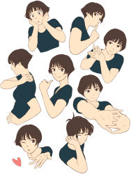 Rule 34 | 00s, 1girl, arm up, black shirt, blouse, blush, brown eyes, brown hair, fingers together, gake no ue no ponyo, hand on own face, hand on own shoulder, hands on own face, highres, jas (littlecrime), lisa (ponyo), multiple views, one eye closed, shirt, short hair, t-shirt, thumbs up, upper body, white background