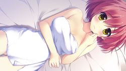 Rule 34 | 1girl, ameto yuki, bed, blush, breasts, collarbone, doumyouji moemi, embarrassed, female focus, game cg, large breasts, legs, looking at viewer, lying, nude, pure x connect, red hair, short hair, solo, thighs, towel, yellow eyes