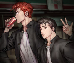 Rule 34 | 2boys, 7-eleven, black hair, bruise, bruise on face, can, coca-cola, dirty, dirty clothes, dirty face, gakuran, holding, holding can, injury, lip cut, male focus, mito youhei, multiple boys, night, nongnol234, out of frame, outdoors, pompadour, profile, red hair, sakuragi hanamichi, school uniform, slam dunk (series)