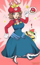 Rule 34 | !, 1boy, 1girl, absurdres, bowser, breasts, brown hair, dress, earrings, genderswap, gloves, highres, jewelry, karbuitt, large breasts, mario, mario (series), new super mario bros. u deluxe, nintendo, one eye closed, overalls, second-party source, speech bubble, super crown, surprised, sweat, transformation