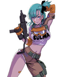 Rule 34 | 1girl, absurdres, aqua hair, bandaid, bandaid on face, belt, black bow, blue eyes, bow, breasts, bulma, character name, closed mouth, commentary request, dragon ball, gloves, goggles, goggles around neck, hair bow, highres, holding, holding weapon, lips, looking at viewer, medium breasts, midriff, navel, pants, side ponytail, simple background, smile, solo, stomach, weapon, white background, yamashita shun&#039;ya