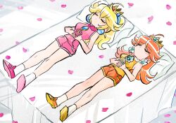 absurdres blonde_hair breasts brooch crown earrings highres jewelry long_hair mario_(series) mario_superstar_baseball medium_breasts nintendo official_alternate_costume pink_shirt pink_shorts ponytail princess_daisy princess_peach rakugaki_shitagari-ya shirt shoes shorts sleeping sleeveless sleeveless_shirt socks sphere_earrings sportswear yellow_shorts